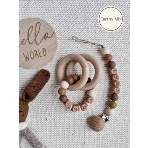 Personalized Pacifier Clip & Rattle - Earthy mix