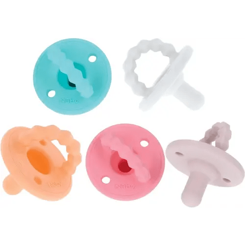 Nuby Silicone Softees Pacifier and Teethers - (5-Pack) Silicone Baby Pacifiers and Teethers - 0+ Months - Assorted Pastel Colors