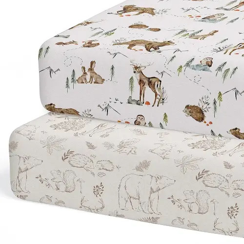 Crib Sheets Neutral - Fitted Baby Crib Sheets Bed for Girl Boy - 2 Pack Standard & Toddler Mattress - Buttery Soft Organic Cotton Blend (Magic Forest)