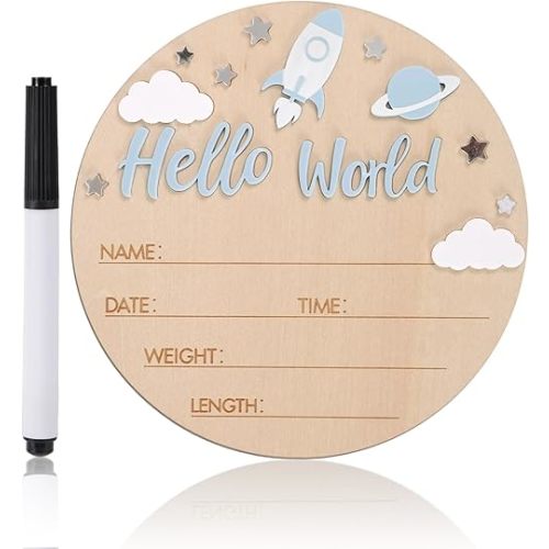 Hello World Baby Announcement Sign, 5.9in Wooden Newborn Birth Sign with Pen Rocket & Planet Decor Hospital Nursery Photo Prop & Keepsake Welcome Board for Newborn Boys and Girls