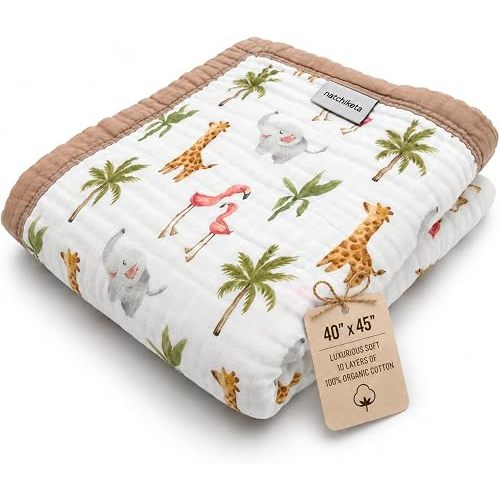 Organic Cotton Muslin Baby Blanket - Soft Quilt for Swaddling (Jungle)