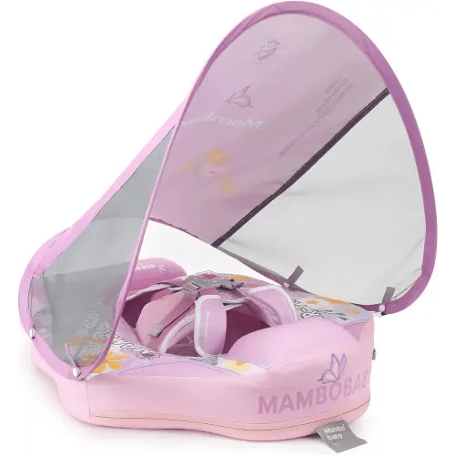 Newest Mambobaby Baby Swim Float with Canopy Non-Inflatable Infant Pool Float with Tail 3-24 Months Avoid Flip Solid Skin-Friendly Material for Toddler Boys Girls