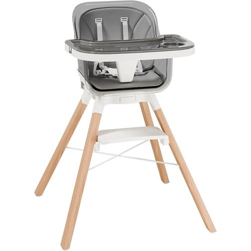 Convertible Baby High Chair, Wooden 360° Swivel High Chairs with Reversible Footrest & Removable 2-Tier Tray for Babies and Toddlers, Baby Infant Highchair with 5-Point Safety Belt, Grey