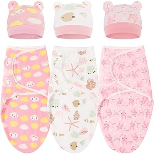 DRESHOW BQUBO 3 Pack Baby Swaddle Sleep Sacks Baby Swaddle Blanket Wrap Newborn Swaddle Sack with Bear Ears Hat for Baby Boys Girls 3-7 Lbs Newborns & 0-3 Months Girls Boys
