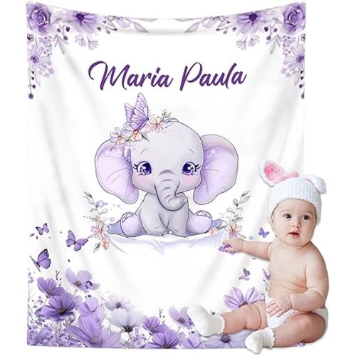 Personalized Baby Blanket with Name, Custom Name Blanket for Kids Soft Flanne Blankets in Easter Personalized Baby Gifts for Infant Newborn Shower (Purple)