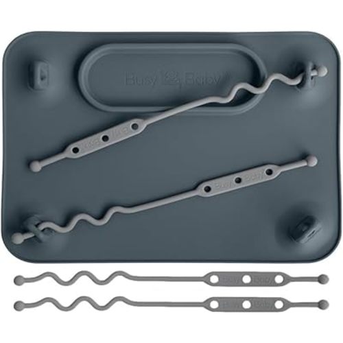 BUSY BABY Silicone Mat - Suction Cups, 4 Straps to Secure Baby Essentials, Self Feeding, Baby Led Weaning, Travel Sleeve Included (Pewter)