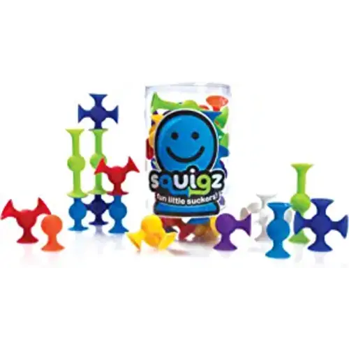 Fat Brain Toys Squigz Starter Set, 24 Piece - Full pack with clear plastic bin for storage