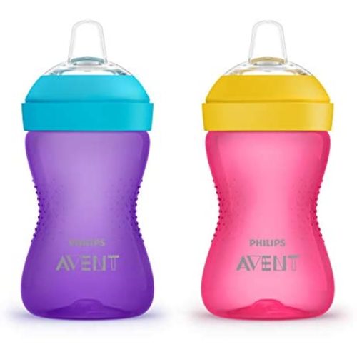 Philips Avent My Grippy Spout Sippy Cup with Soft Spout and Leak-Proof Design, Pink/Purple, 10oz, 2pk, SCF801/22