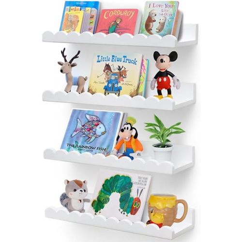 Scalloped Shelves - Set of 4 Pre-Assembled 15.6inch White Floating Nursery Book Shelves, Scalloped Book Shelf - Kids Wall Decor, Nursery Decor, Floating Shelves for Wall