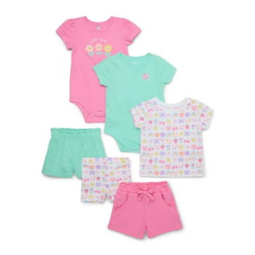 Garanimals Baby Girls Bodysuits, Tee and Shorts Outfits Set, 6-Piece, Sizes 0-24M