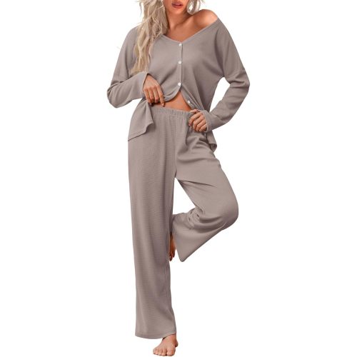 Ekouaer Womens Waffle Knit Pajamas Long Sleeve Lounge Set Button Up Pjs Loungewear with Pockets
