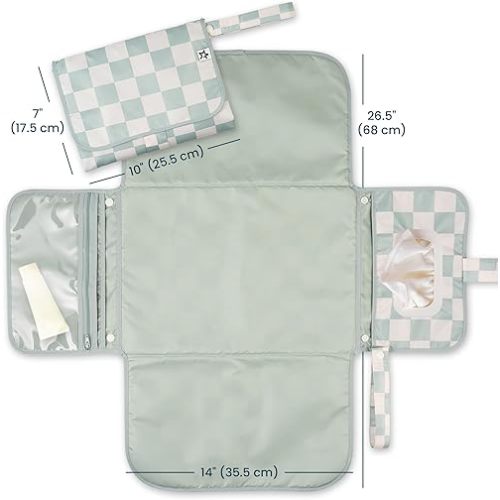 Tiny Twinkle Portable Diaper Changing Pad-Foldable Waterproof Changing Mat&Portable Changing Pad for Travel,Baby Changing Station with Smart Wipes Pocket&Storage (Sage Checkers)