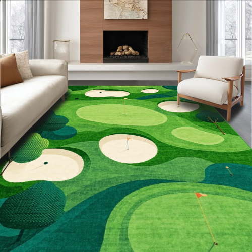 ODIKA 5'x7' Machine Washable Non-Slip Area Rug, Golf Course Inspired Abstract Fairway Shapes Circular Accents High Traffic Rug with Pad, Green, 166170