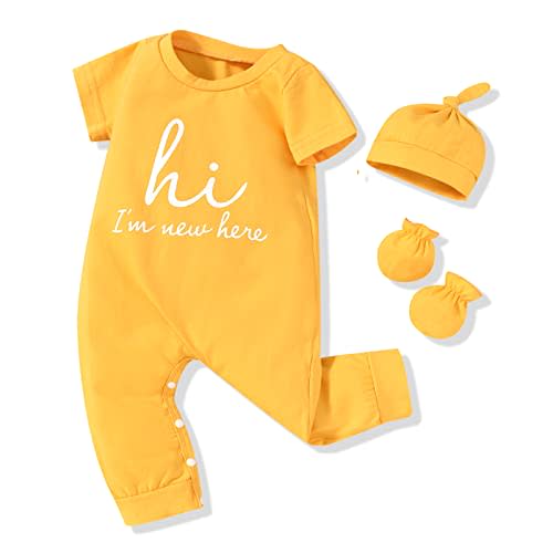 HINTINA Newborn Baby Boy Romper Coming Home Outfits Letter Printed Jumpsuit Hat Glove Outfits