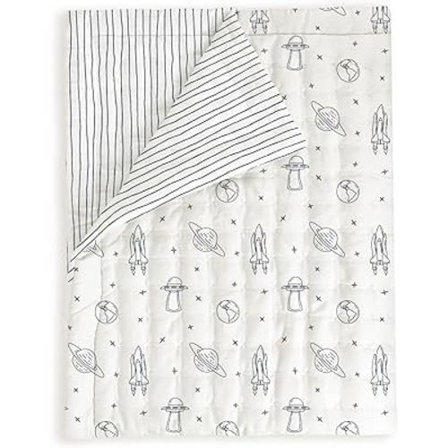 MakeMake Organics Organic Toddler Comforter GOTS Certified Organic Crib Blanket Cotton Infill Tufted Reversible - Ultra Soft Breathable (44"x60", Astronaut + Blue Pebble)