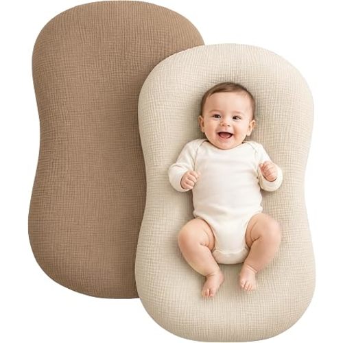 2 Pack Muslin Baby Lounger Covers for Snuggle Me, 100% Cotton, Brown/Beige