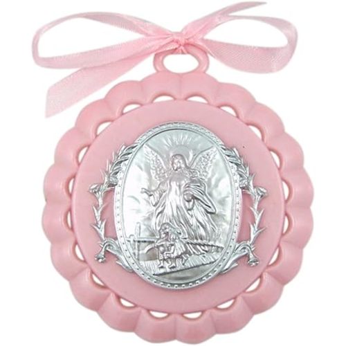 Moulded Acrylic Pink Crib Medal with Guardian Angel for Baby Girl Nursery Decor, 3 1/2 Inch