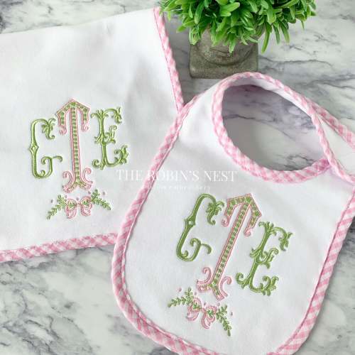 Pink Gingham Bib & Burp Cloth with Monogram