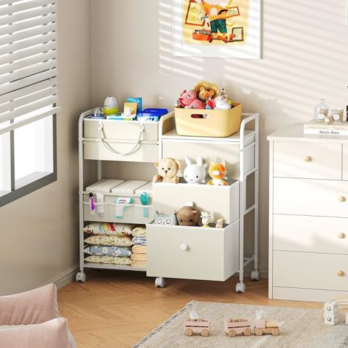 2In1 Baby Diaper Caddy Organizers and Storage, 3-Tier Rolling Diaper Cart, Diaper Caddy Organizer with Dividers and Drawers, Mobile Utility Cart for Changing Table, Crib Nursery, Bedroom