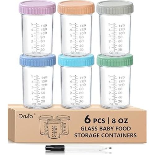 DRKIO 6 Pack Glass Baby Food Storage Containers - 8 Oz Baby Food Jars with Lids Baby Food Maker Microwave Dishwasher Freezer Safe 100% Leak Proof BPA Free Reusable