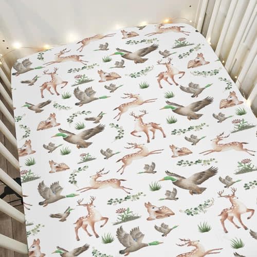 Wild Animals Hunting Baby Crib Sheets for Boy Girl 28"x52" Mallard Duck Deer Leaves Soft Snug Fitted Crib Mattress Cover Country Hunters Nursery Baby Sheet for Standard Crib & Toddler Bed Mattress