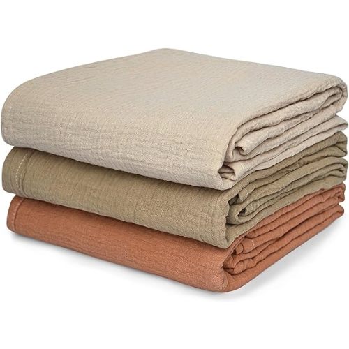 Muslin Swaddle Blankets - Soft Cotton Baby Swaddle Blanket Large 47 x 47 inches Newborn Receiving Blanket, Muslin Baby Blanket for Boys & Girls 3-Pack - Brown