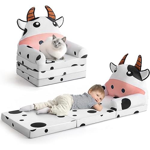 Kids Sofa Comfy, Adorable Animal Toddler Chair, Foldable Kids Couch with Removable Washable Cover, Soft & Breathable Fabric, No Assembly Needed, Foldable Baby Sofa(Dairy Cow)