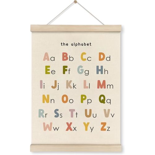 HRQKO ABC Poster Hanger Frame, Alphabet Wall Art, Cute ABC Poster Wall Art with Wooden Frames, Alphabet Banner Wall Hanging Decor for Nursery Toddler Playroom, 12x16 inch