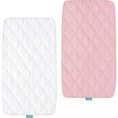 Bassinet Mattress Pad Cover, Waterproof, Fits for All Mainstream Bassinet - Rectangle,Oval,Hourglass, 2 Pack, Ultra Soft Microfiber Surface, Washer & Dryer, White and Pink - White and Pink Microfiber - Universal 17*33