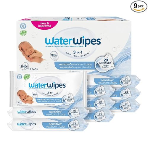 WaterWipes Sensitive+ Newborn & Baby Wipes, 3-In-1 Cleans, Cares, Protects, 99.9% Water, Unscented & Hypoallergenic, 540 Count (9 Packs)