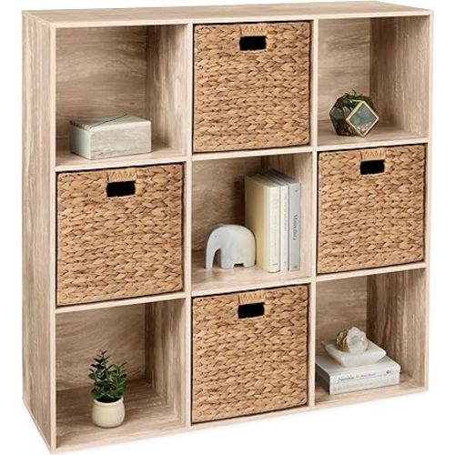 Best Choice Products 9-Cube Storage Organizer, 13.5in Shelf Opening, Bookcase, Display Shelf, Customizable w/ 3 Removable Back Panels – Light Oak