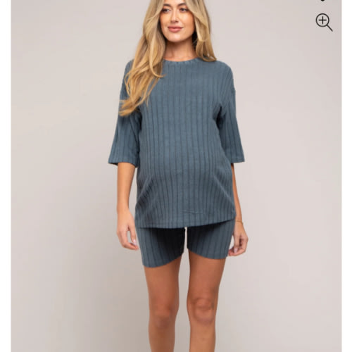 Blue Ribbed Soft Short Sleeve Maternity Shorts Set