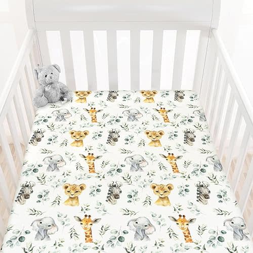 HawSkgFub African Safari Animal Eucalyptus Leaf Fitted Standard Baby Crib Sheet, Neutral Jungle Elephant Giraffe Zebra Lion Toddler Mattress Cover, Soft Stretchy Nursery Bed Sheets Kids Gift 52" x 28"