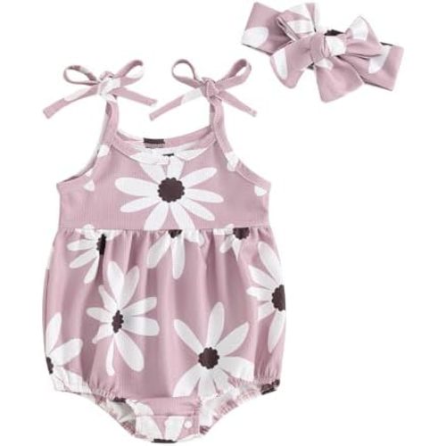 Kupretty Newborn Baby Girl Summer Clothes Waffle Knit Sleeveless Strap Daisy Romper Bodysuit Jumpsuit Cute Infant Clothing