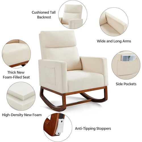 Yaheetech Rocking Chair, Modern Glider Chair, Recliner Armchair with Wood Legs and Side Pocket, Nursery Rocking Accent Chair with High Back for Living Room Bedroom, Beige