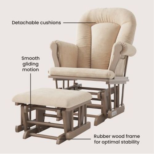 Child Craft Cozy Glider Rocker and Ottoman Set, Padded Cushion with Storage Pockets, Solid Wood Base & Frame (Dusty Heather with Beige Cushion)