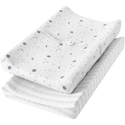 TILLYOU Changing Pad Cover Set in Soft Jersey Material - Fits 32"/34''x16 Contoured Pad for Babies, Little Sun & Gray Lines