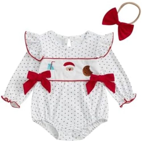 Christmas Outfit Newborn Baby Girl Ruffle Long Sleeve Romper Bodysuit Santa Smocked Bubble Clothes