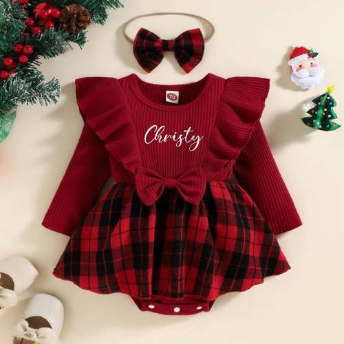 Baby Girl Christmas Outfit Checkered Red Pattern, Personalized Christmas Dress Girl Gift, Holiday Dress, Christmas Gift, My First Christmas