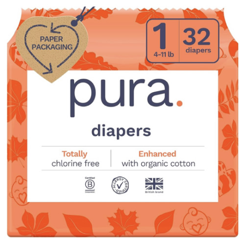 Pura Hypoallergenic Diapers, Size 1 (4-11 lbs), Newborn, Totally Chlorine Free, Wetness Indicator, Suitable for Sensitive Skin, Soft Organic Cotton Comfort, Overnight, 1 Pack of 32 Baby Diapers