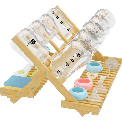 Baby Bottle Drying Rack Foldable Vertical Bamboo Milk Bottle and Accessories Organizer - Ideal for Travel, Perfect for Busy Parents, Maximizes Space, Quick Drying, Easy Cleanup & Storage