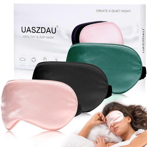 Uaszdau Sleep Mask Silk Eye Mask for Sleeping, Super Soft Blackout Eye Mask for Women Men, Side Sleeper Eye Covers for Sleeping with Adjustable Straps, Travel Eye Mask, 3 Pack, Black-pink-green