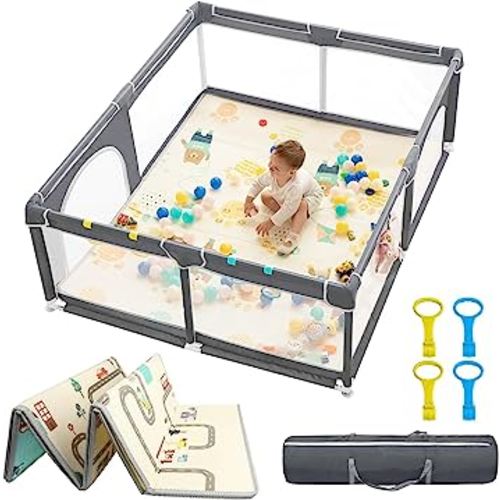 dearlomum Baby Playpen with Mat 71" X 59", Extra Large Play Yard for Babies and Toddlers, Safety Baby Fence, Indoor & Outdoor Kids Activity Play Center with Anti-Slip Suckers and Zipper Gate(Grey)