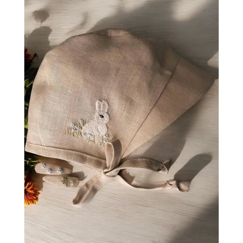 Bunny & Floral Embroidered Linen Baby Bonnet, Vintage Linen Bonnet for Newborns, Handmade Baby Shower Gift, Flowers Linen Baby Girl Bonnet