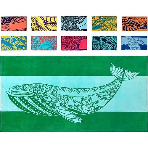 Nova Blue Whale Beach Towel (34 X 63) – Green Oversized Beach Towel with Whale Design Quick Dry Beach Towel Made from 100% Cotton – Sand Free Beach Towel – Extra Large Beach Towel