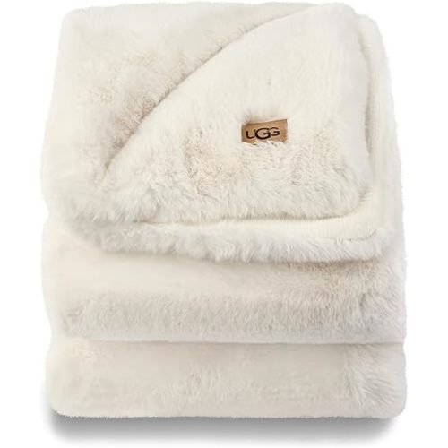 UGG Euphoria Plush Faux Fur Throw Blanket Medium Weight Reversible Luxury Soft Throw for Couch Bed or Chair Hypoallergenic Machine Washable Home Decor Fluffy Blanket, 127cm x 177cm, White Snow