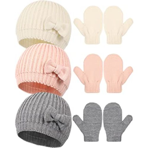 SATINIOR 3 Pieces Fleece Lined Baby Beanie with Bow, Infant Newborn Toddler Kids Winter Warm Knit Cap for Boys Girls