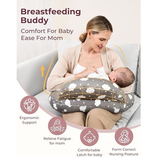 Momcozy Nursing Pillow for Breastfeeding, Original Plus Size Breastfeeding Pillows for More Support for Mom and Baby, with Adjustable Waist Strap and Removable Cotton Cover, color Grey/clouds