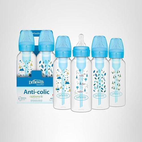 Dr. Brown's Natural Flow Anti-Colic Options+ Narrow Baby Bottle, Blue Nature, 8 oz/250 mL, with Level 1 Slow Flow Nipples, 0m+, 4 Pack