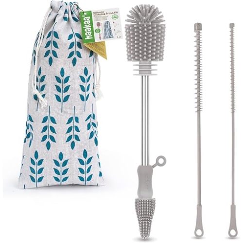 Haakaa Baby Bottle Brush Kit -Silicone Cleaning Brush for Breast Pump,Nipple,Breast Milk Storage Bag,Reusable Straw,Sippy Cup - Food Grade Silicone Bristles, Portable -3 Pcs - Light Gray